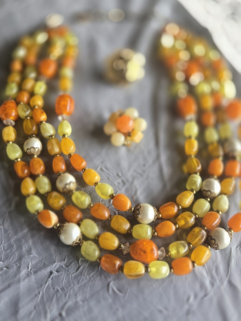 Multi-Strand Orange and Yellow Beaded Statement Necklace - signed Lisher